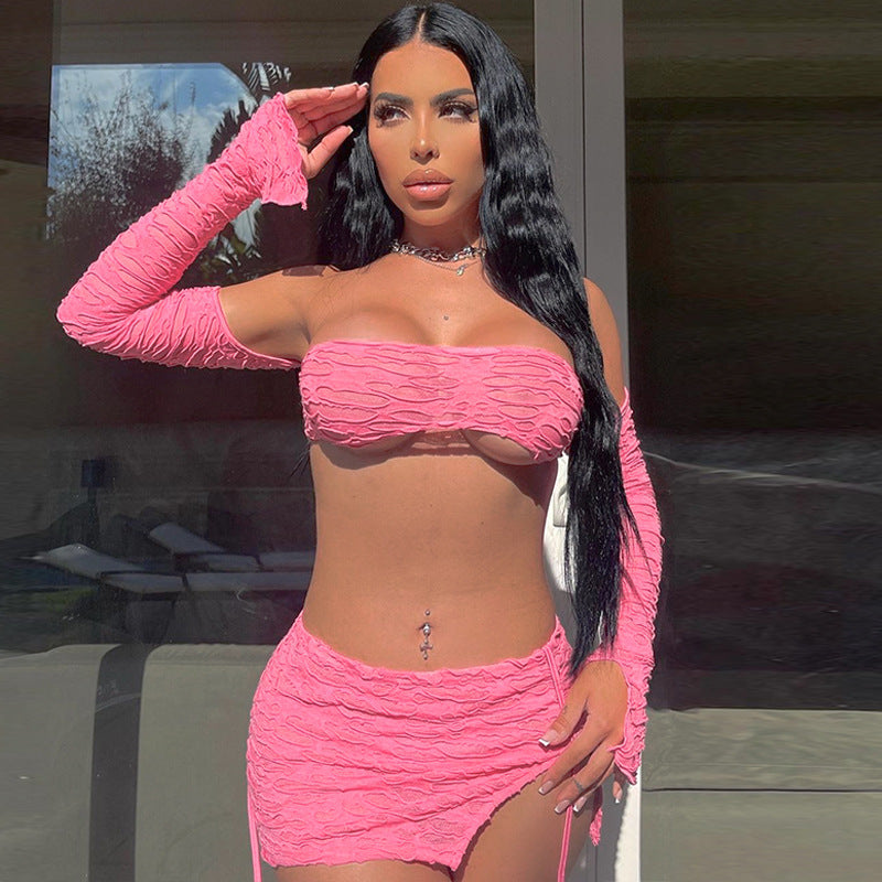 Womens Sexy Strapless Top and Tie Bodycon Mini dress Set