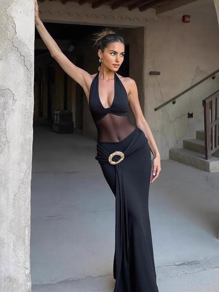 Autumn Women's Sexy Mesh Patchwork See-Through Slim Fit Halter Neck Lace-Up Dress 5