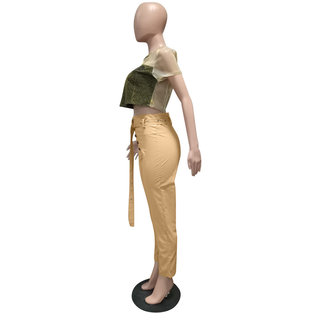 Women's Fitted Solid Color High Waist Pants With Belt 11