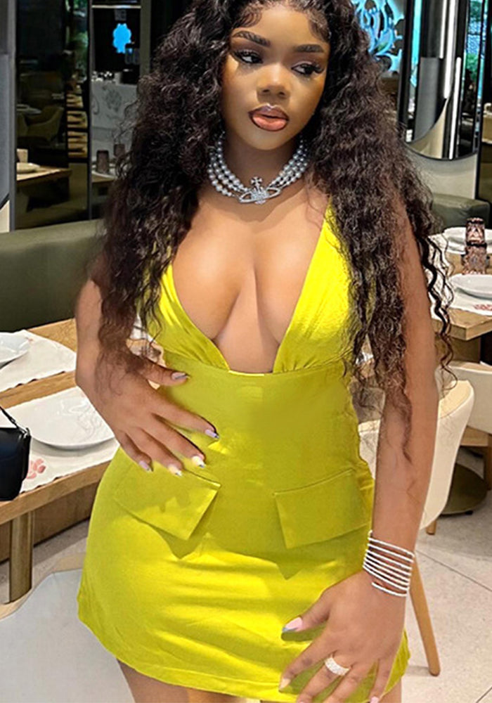 Sexy V-Neck Fake Pocket Summer Slim Waist A-Line Dress