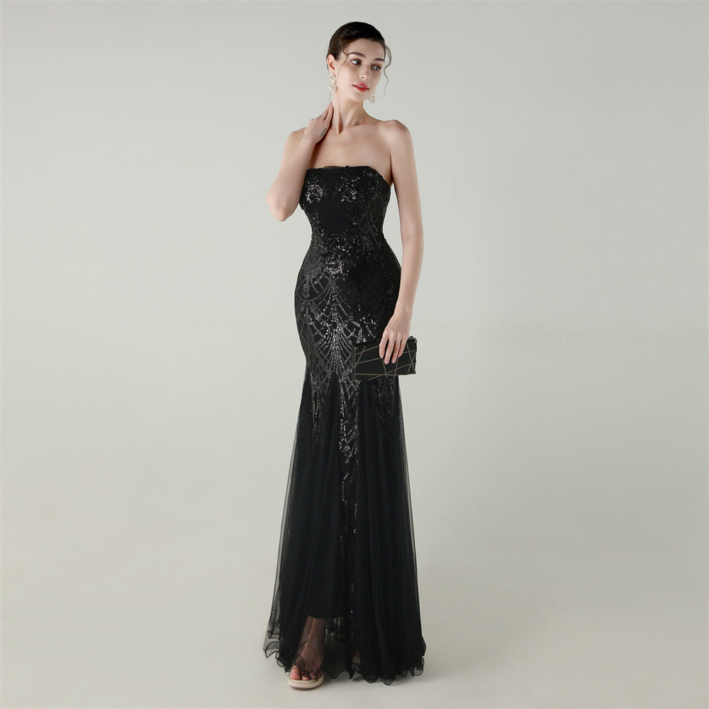 Women Strapless cross Lace-Up sequined tube flower sequined mesh evening dress Formal Party evening dress 61
