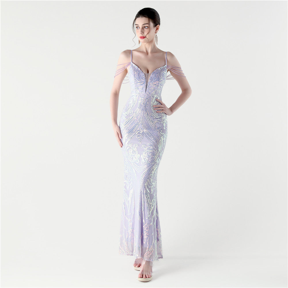 Sequin Beaded Fishtail Evening Dress Deep V Neck Formal Party Gown 13