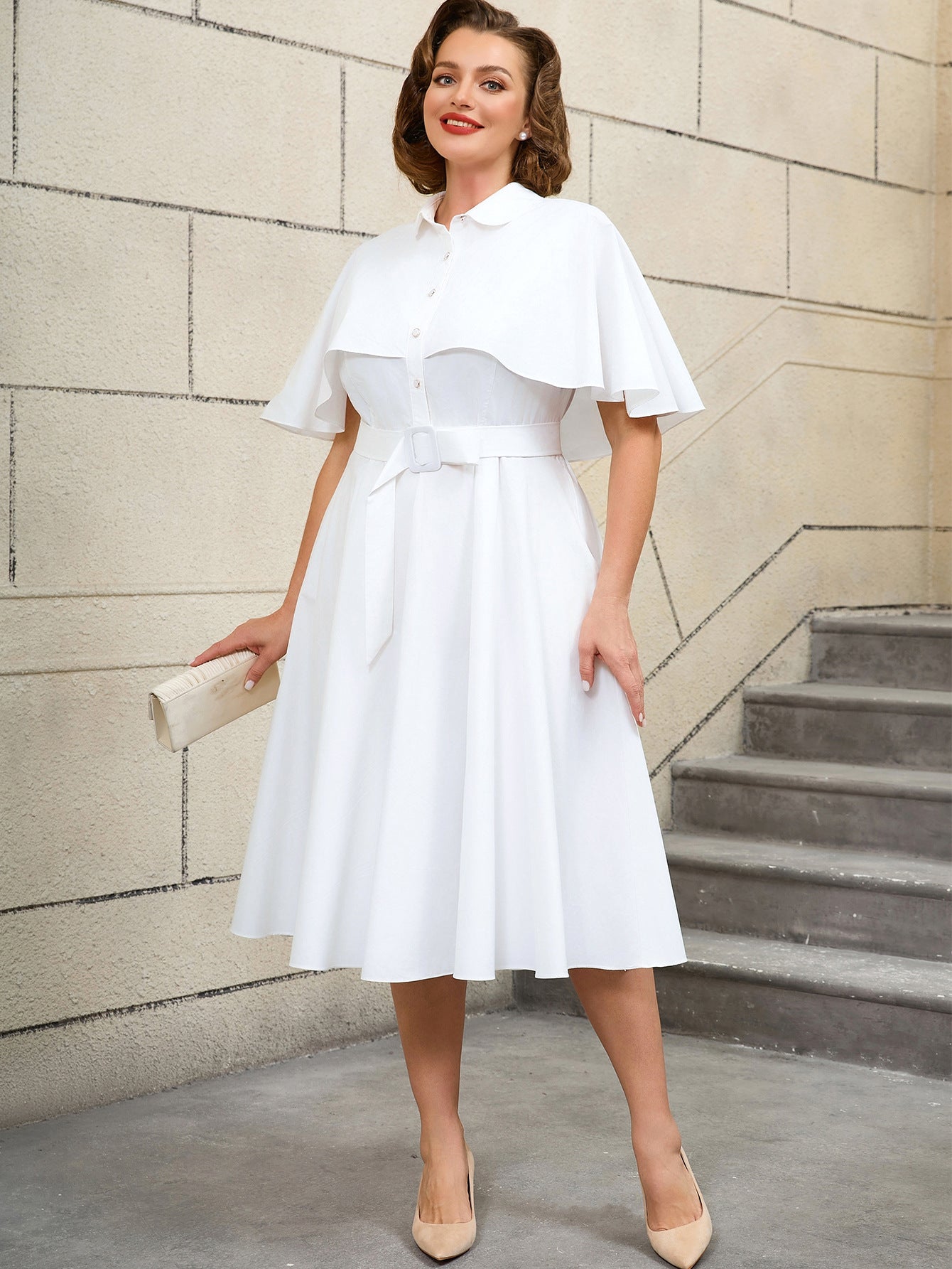 Plus Size White Belted Shirt Dress Cape Sleeve Button-Down A-Line Midi Dress 7