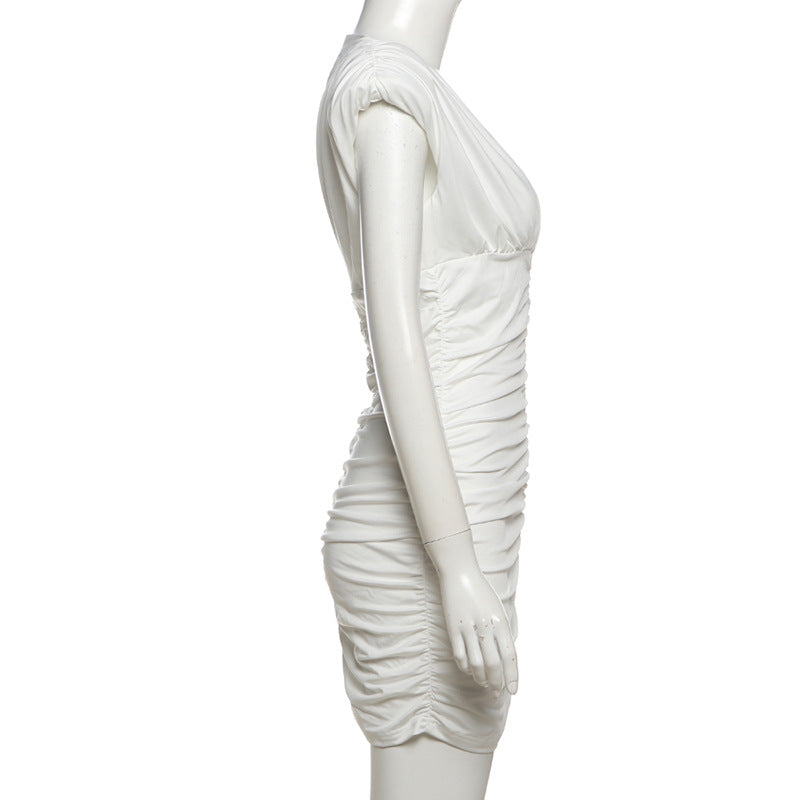 Women Summer Sexy V Neck Bodycon Pleated Solid Dress 9