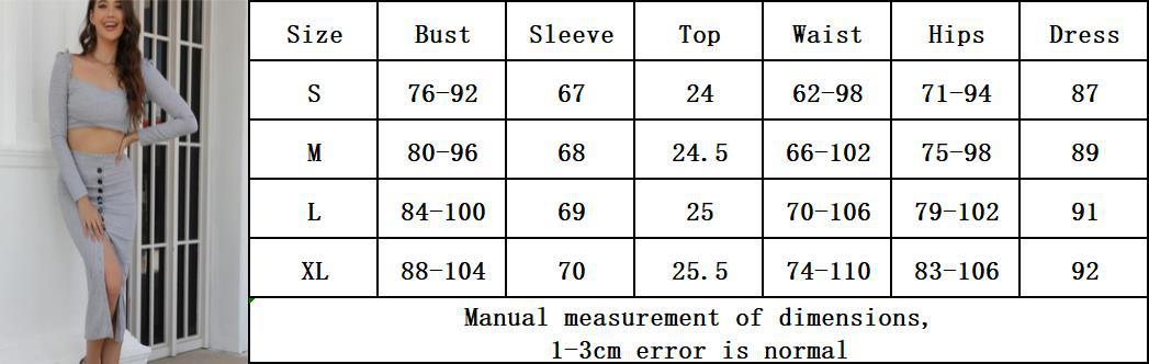 Women sexy knitting long sleeve Crop Top and Bodycon slit dress two-piece set 7