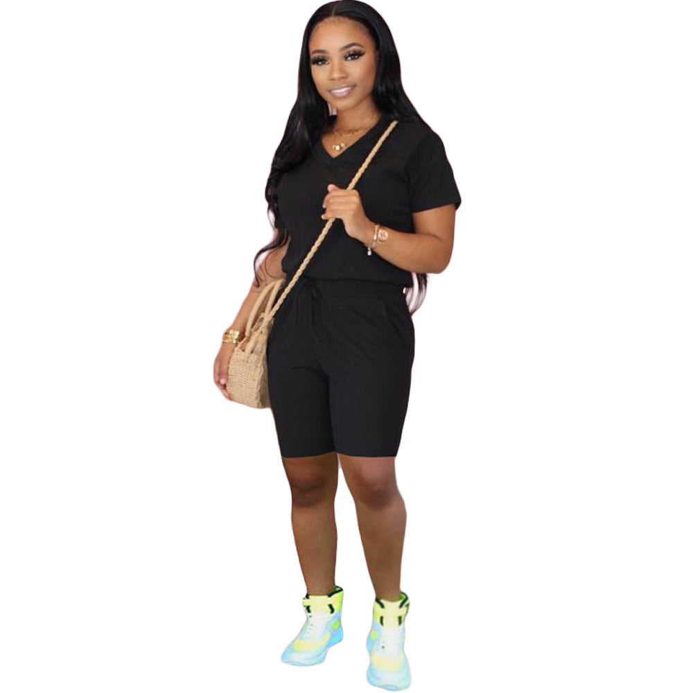 Women Clothing Solid V-Neck Tshirt+Pocket Shorts Two-Piece Set 12