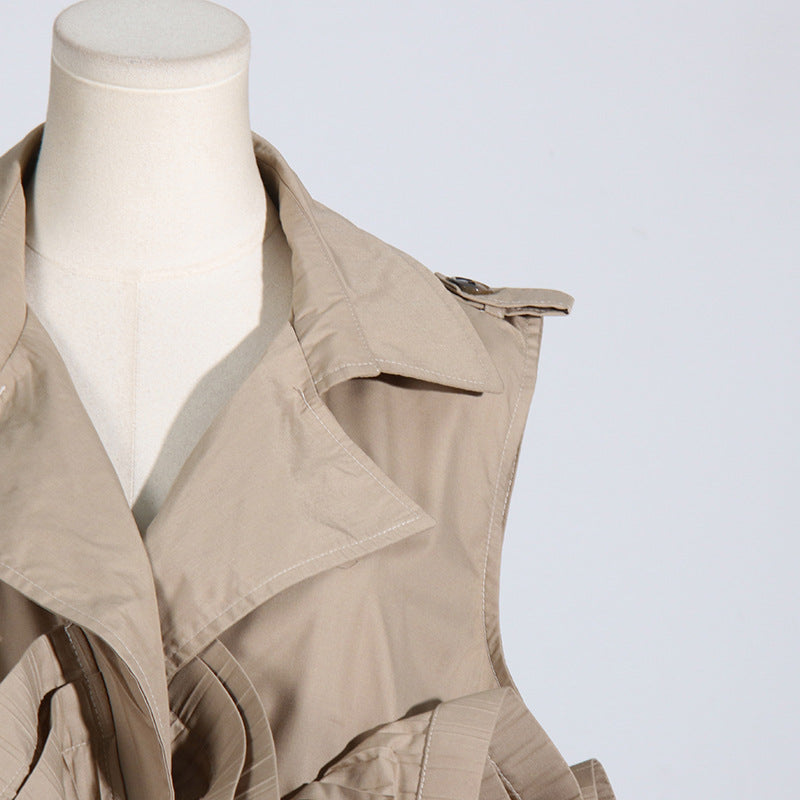 Spring Summer Fashionable Chic Khaki V-Neck Pleated Patchwork Sleeveless Lace-Up Women's Shirt 23