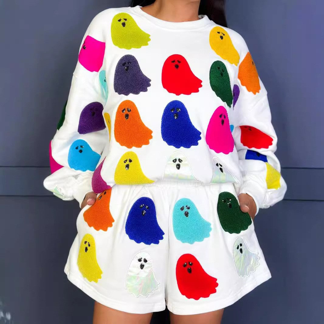 Halloween Women Printed Ghost Print Long Sleeve Top and Shorts Two Piece Set