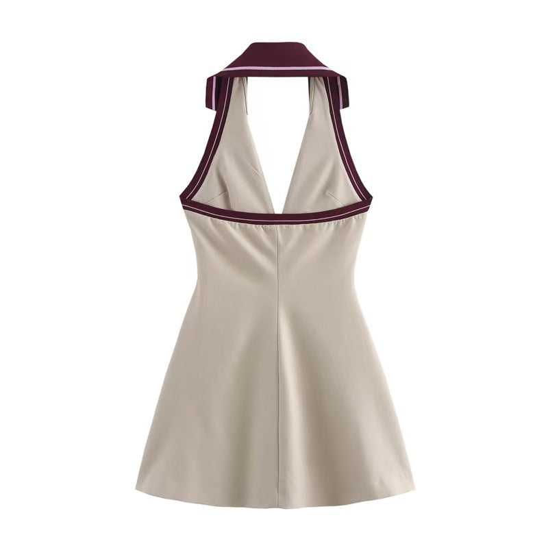 Women Ribbed Patchwork Halter Neck Backless Dress 6