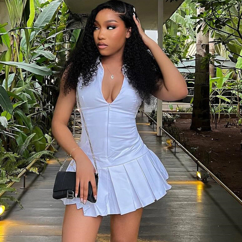 Women Solid Sexy Sleeveless Turndown Collar Zipper Dress