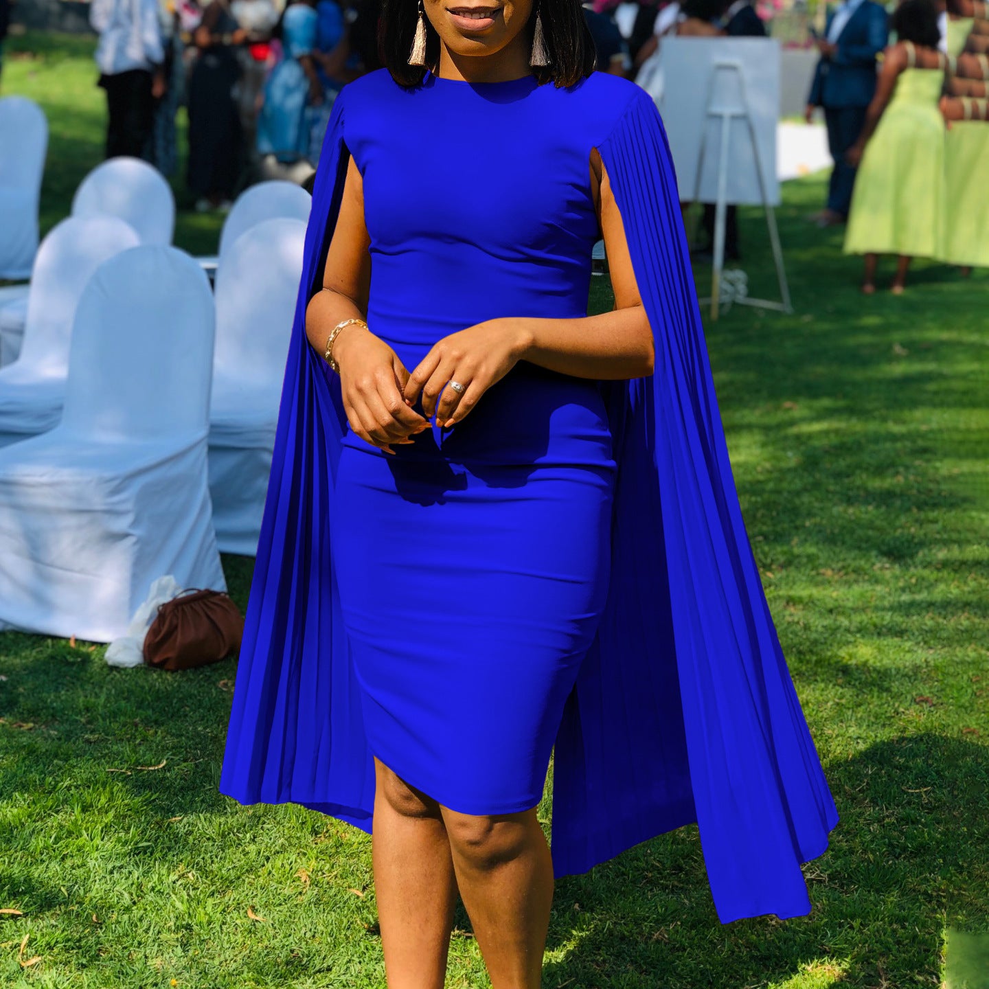 Women's Fashion Solid Color Round Neck Pleated Shawl Sleeve Formal Party Evening Dress 3