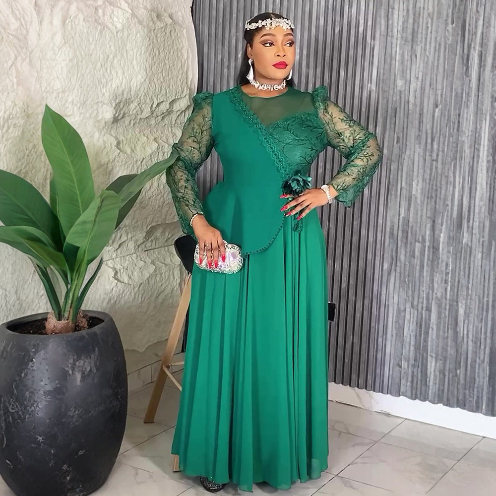 Lace Trim Plus Size African Embroidered Evening Gown