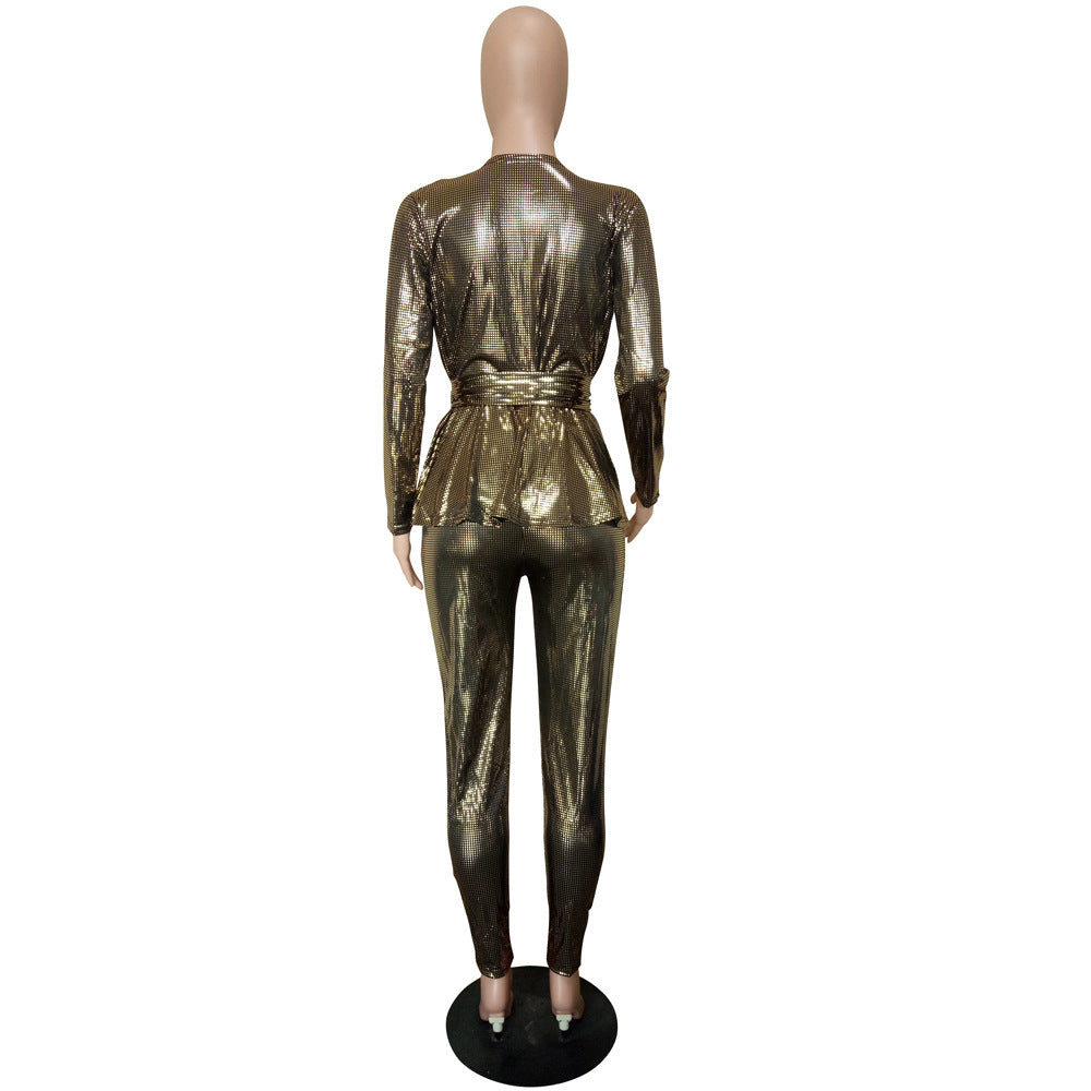 Women'S Slim Fashion Shiny Long Sleeve Suit With Belt 15