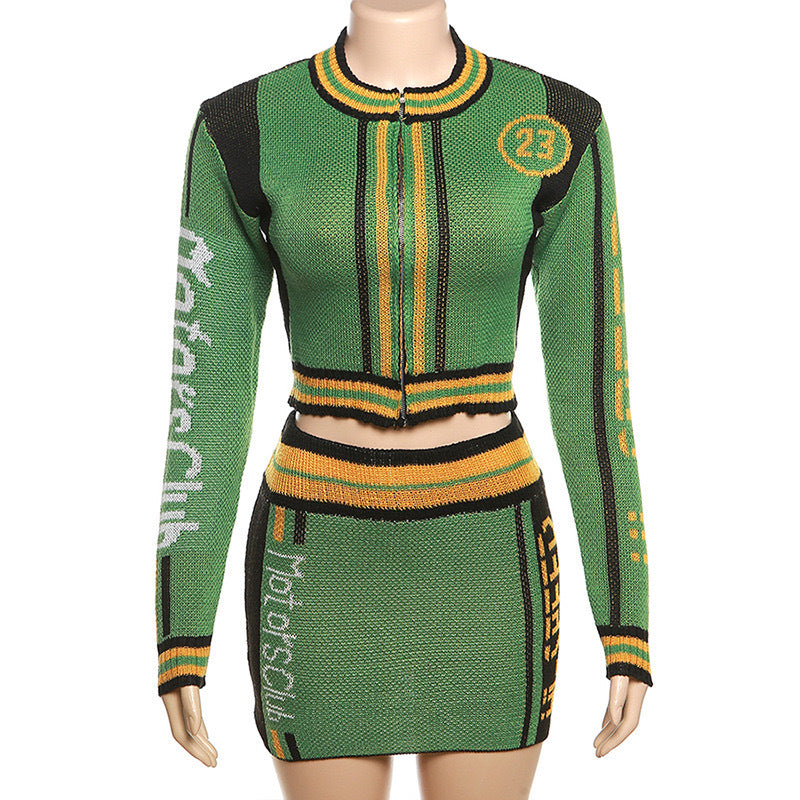 Autumn Letter Knit Zipper Ribbed Long Sleeve High Waist Two Piece Short Skirt Set 10