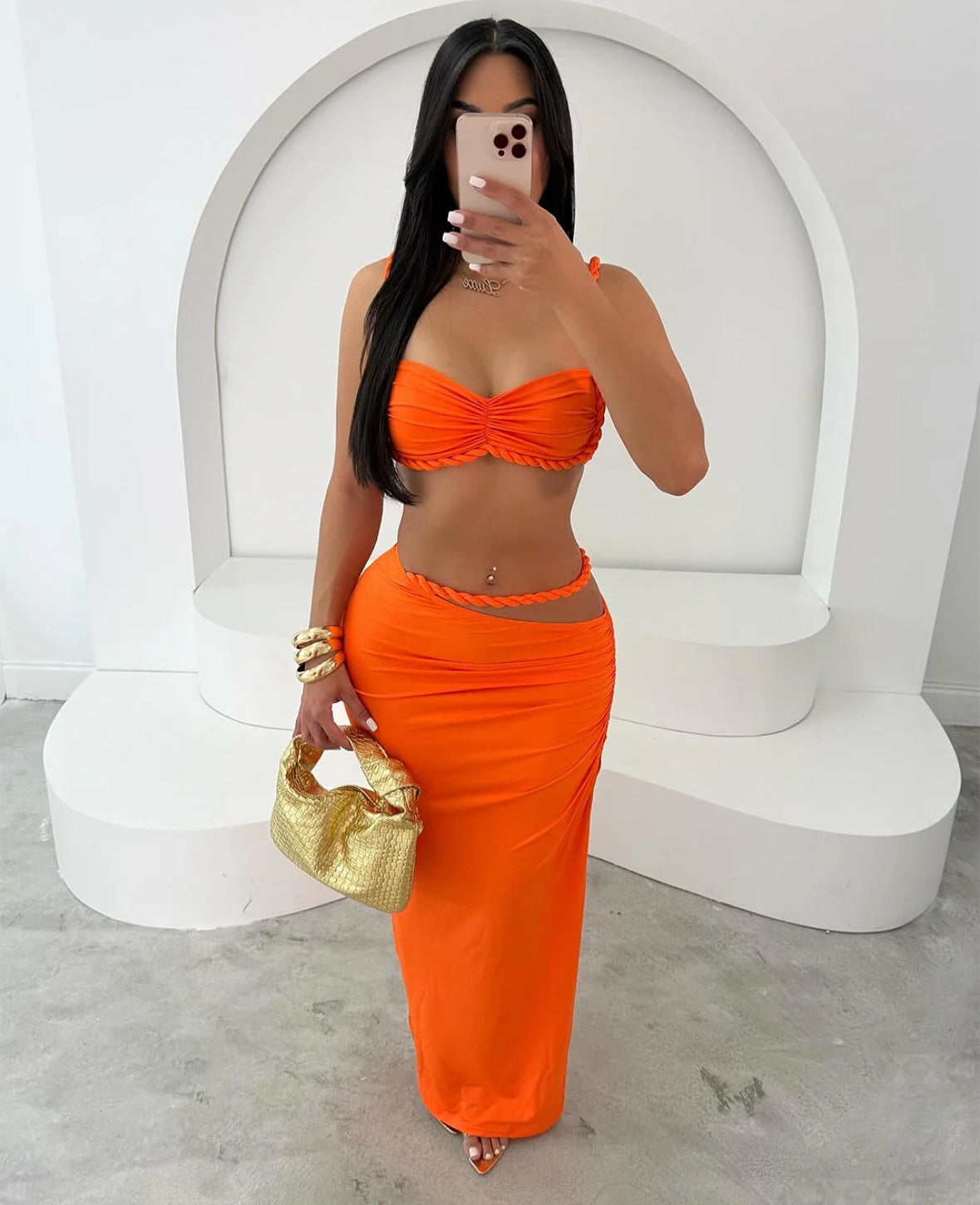 Women summer sexy solid backless camisole and bodycon skirt two-piece set 3