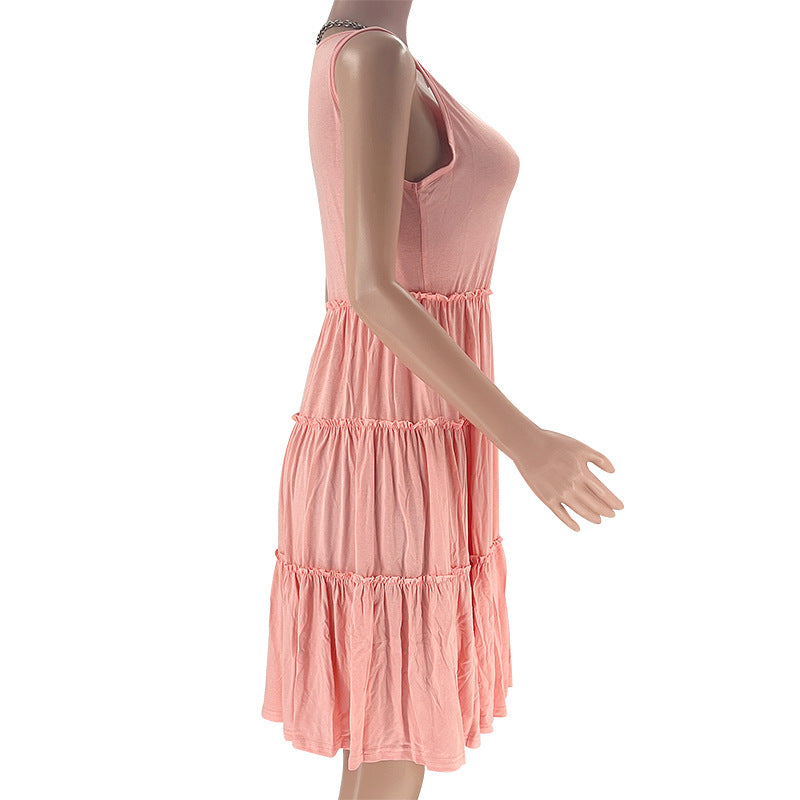 Summer Solid Round Neck Sleeveless Casual Women's Fashion Pleated Casual Dress 27