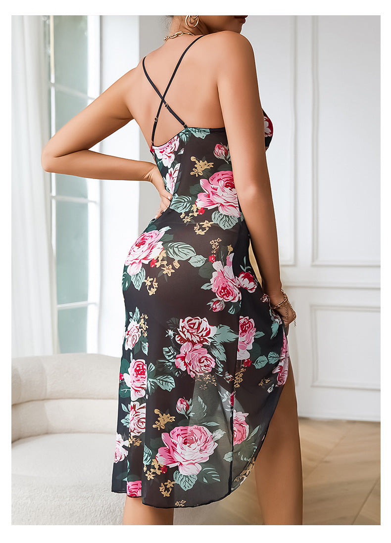Floral Print Mesh Irregular Straps Nightdress Home Wear 9