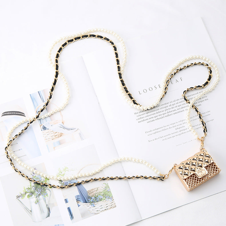 Women Hollow Diamond Earphone Bag Pearl Chain Waist Bag 7