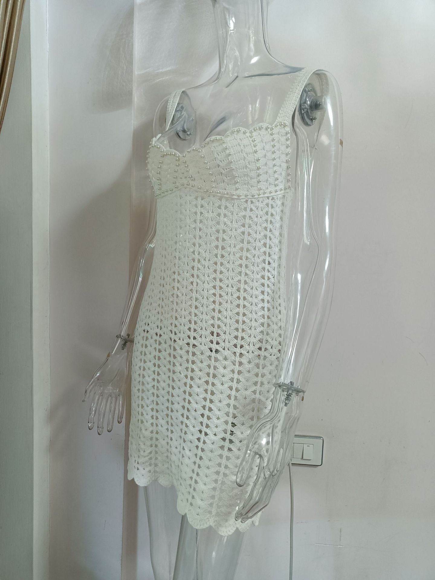 Women knitting v-neck pearl hollow Strap Dress 11