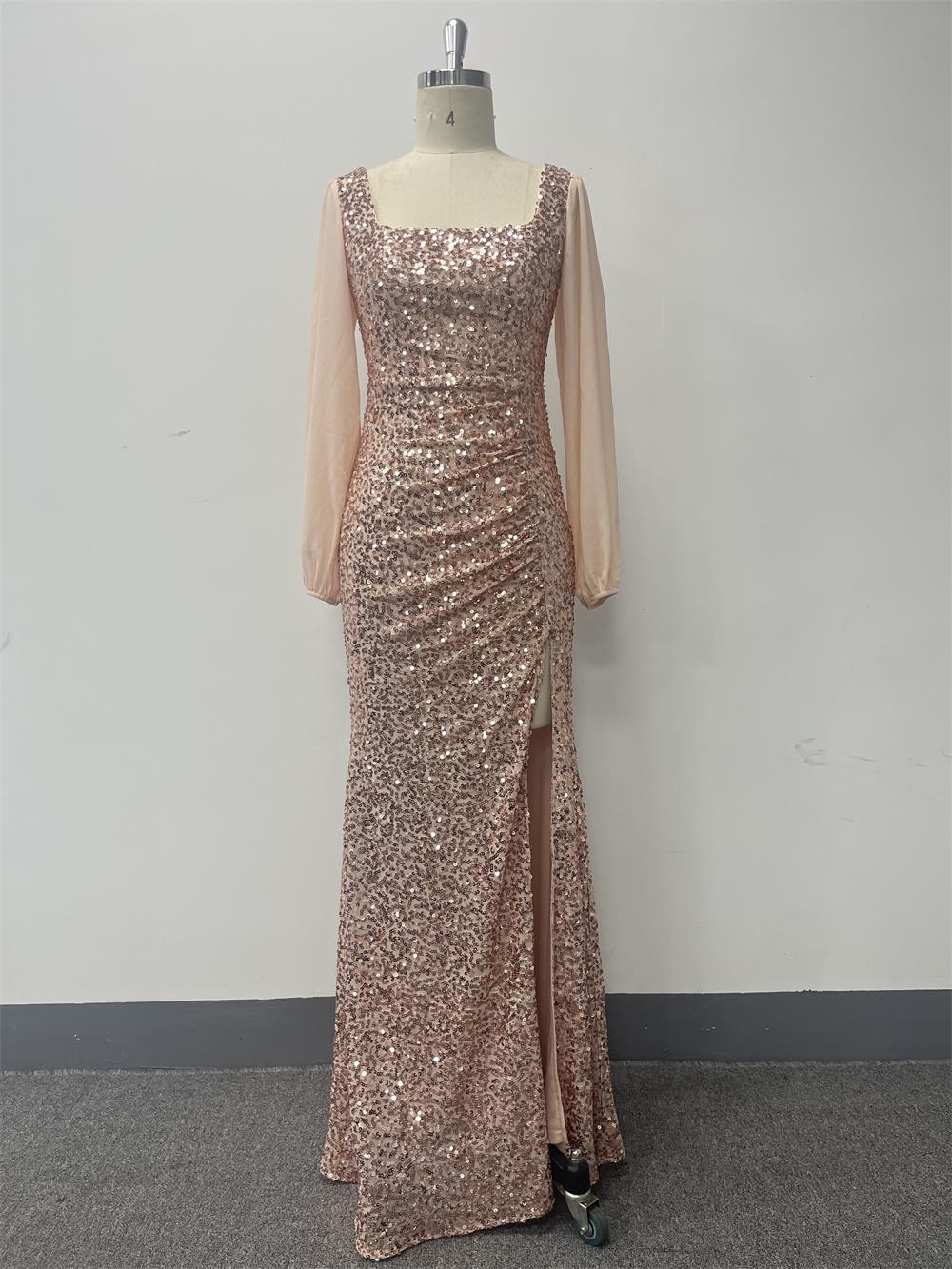 Women's  Sexy U-Neck Long Sleeve Shiny Evening Dress Chiffon Patchwork High Slit Pleated Long Dress 9