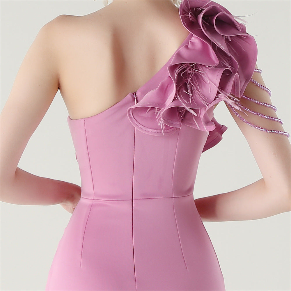 Women One-Shoulder Beaded Wool and Floral Satin Slit Sexy Evening Dress 56