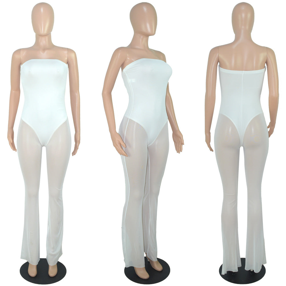 Women's Fashion Sexy Strapless Tight Fitting Wide Leg Mesh Jumpsuit 10
