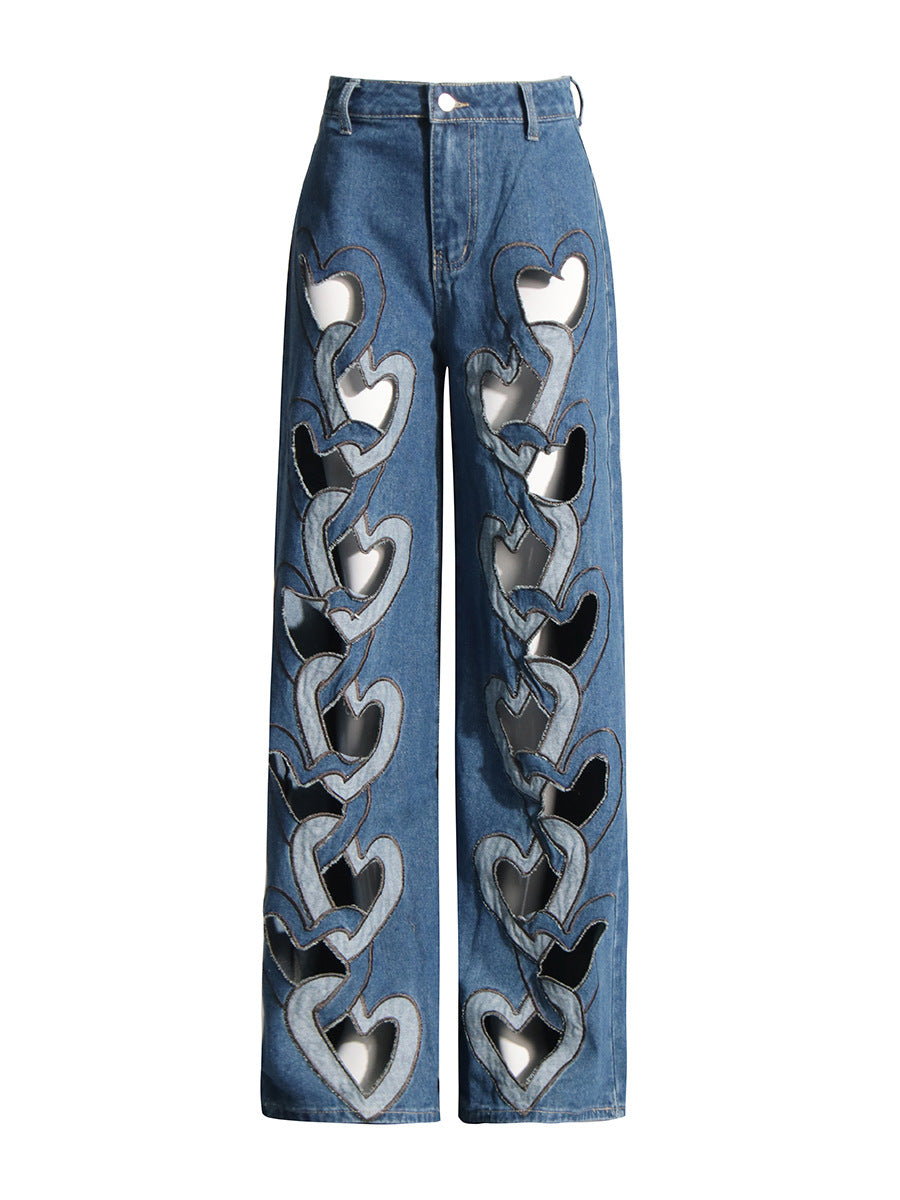 Women fashion hollow heart denim trousers