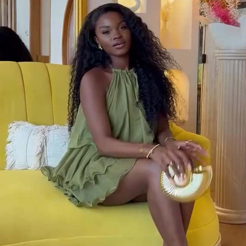 African Chic Sweet Halter Neck Sexy Sleeveless Solid Color Ruffled Mini Dress 4