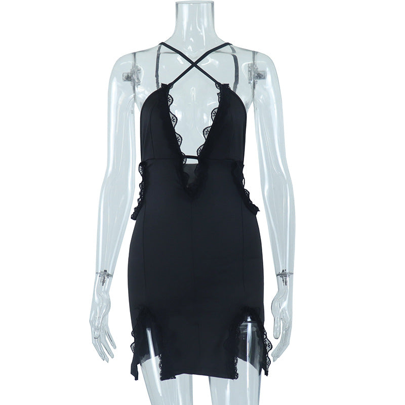 Women's suspenders hollowed out street hipster lace Patchwork slit Bodycon Dress 8