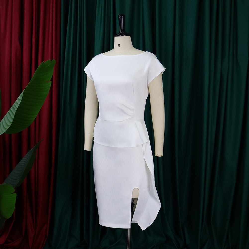 Women Summer Solid Pleated Ruffle Slit Bodycon Dress 14