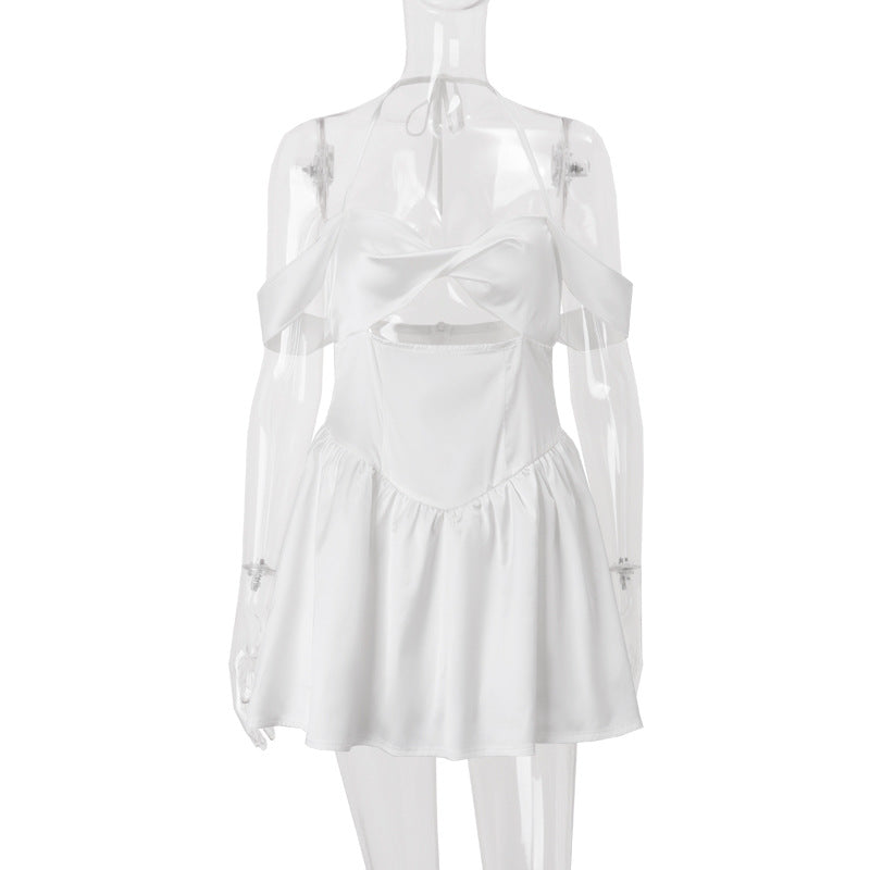 Women summer sexy Off Shoulder strapless Slim Waist solid color a-line dress 6