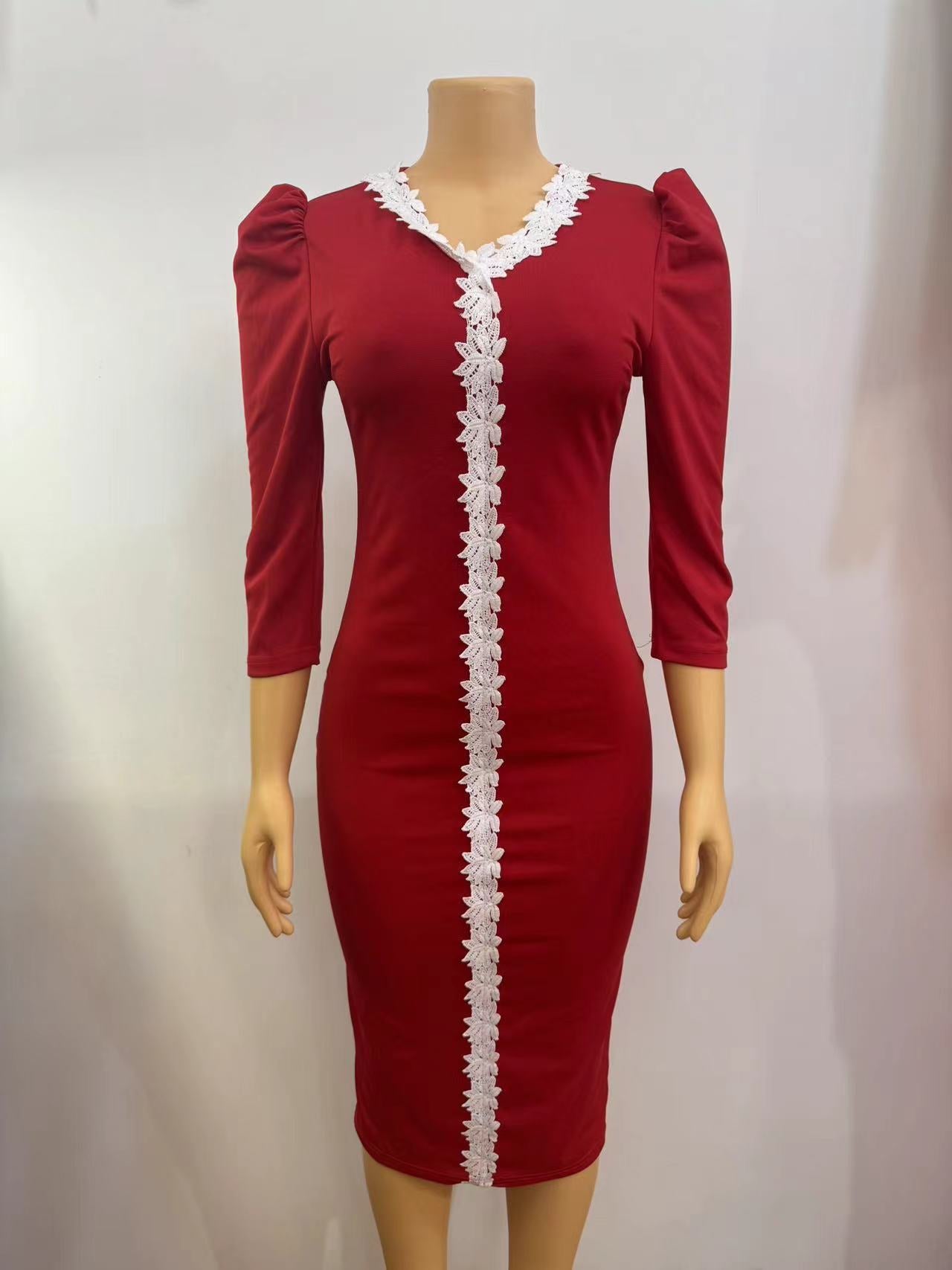 Women's Solid Color Lace V-Neck Slim Plus Size Dress 6