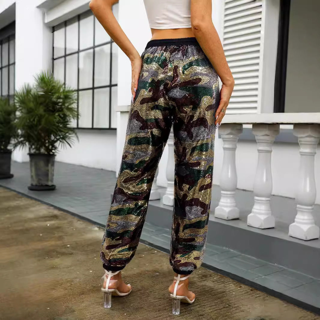 Women Camouflage Sequin Elastic Lace-Up Loose Straight Leg Cuff Pants