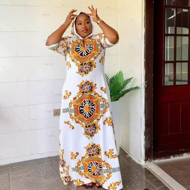 African Printed Hooded Short-Sleeved Split Loose Long Dress