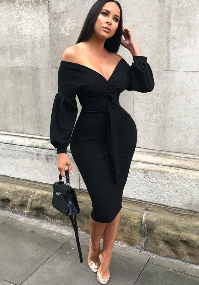 Women Sexy Elegant Lantern Sleeve Solid V Neck Off Shoulder Half Dress