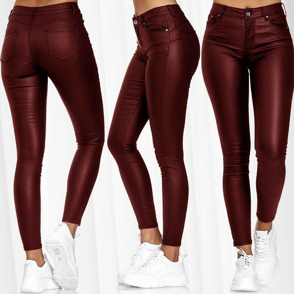 Women's Fashion High-Waist Solid Color Leather Casual Tight Pants 14