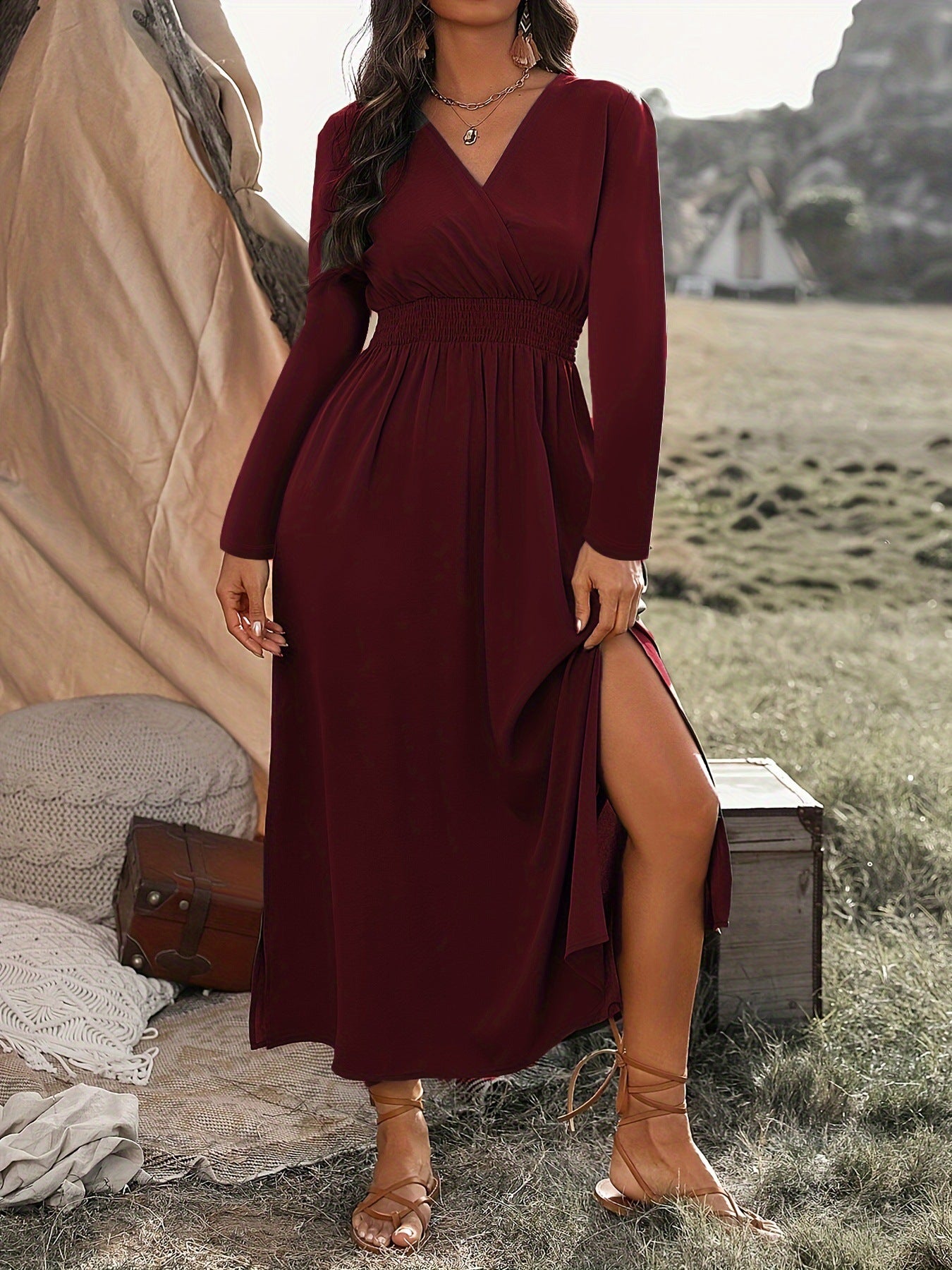 Women Autumn Solid v-neck Bell Bottom Long-sleeved Dress 8