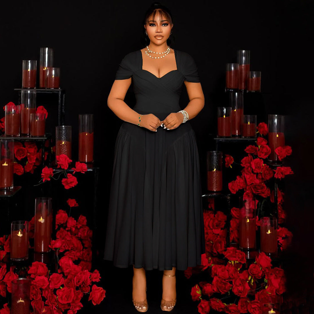 Plus Size Women's Fashion Elegant Square Neck Slim Waist A-line Long Dress 3