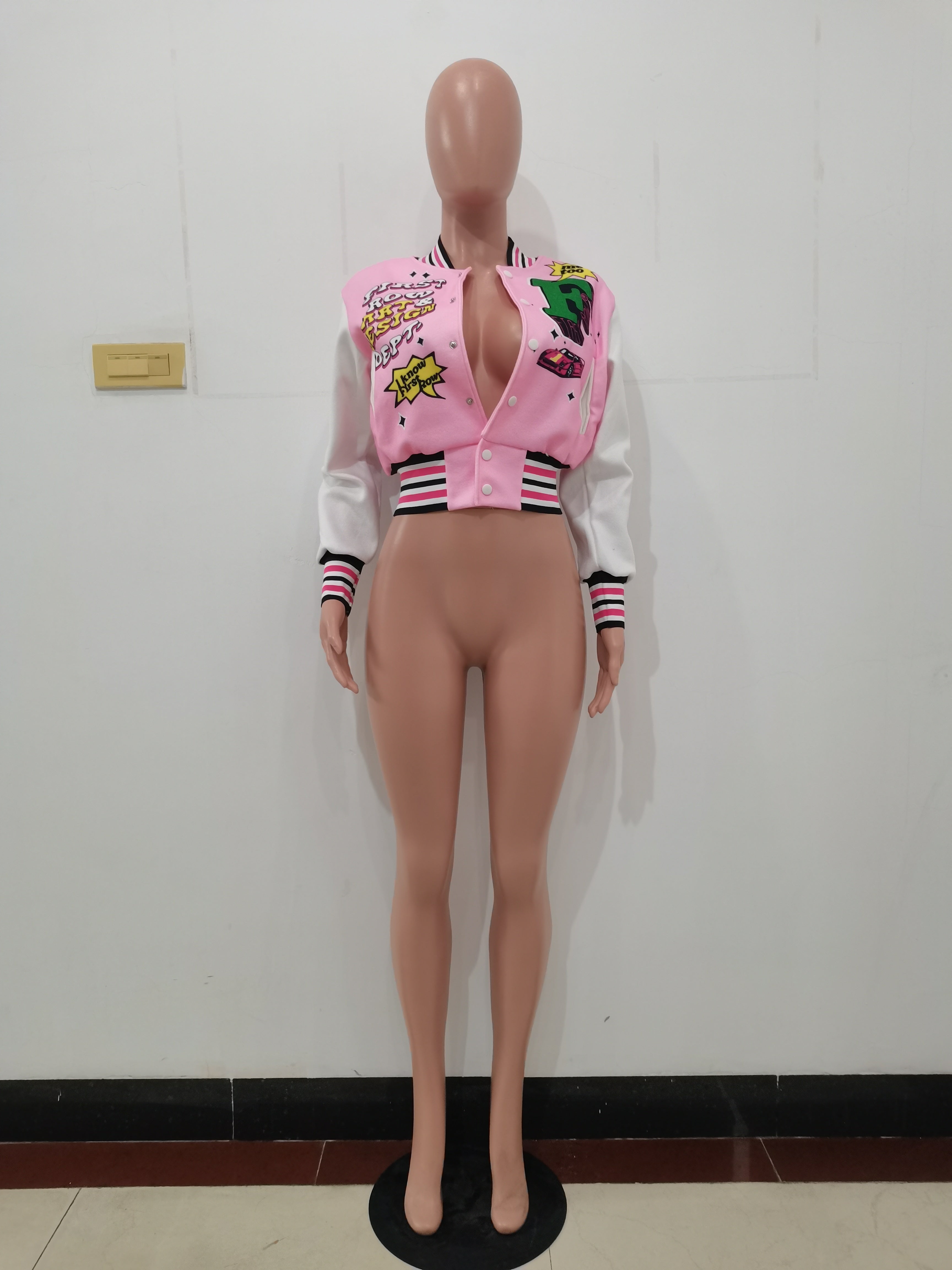 Positioning Print Ribbed Fashion Women's Top Baseball Jacket 15