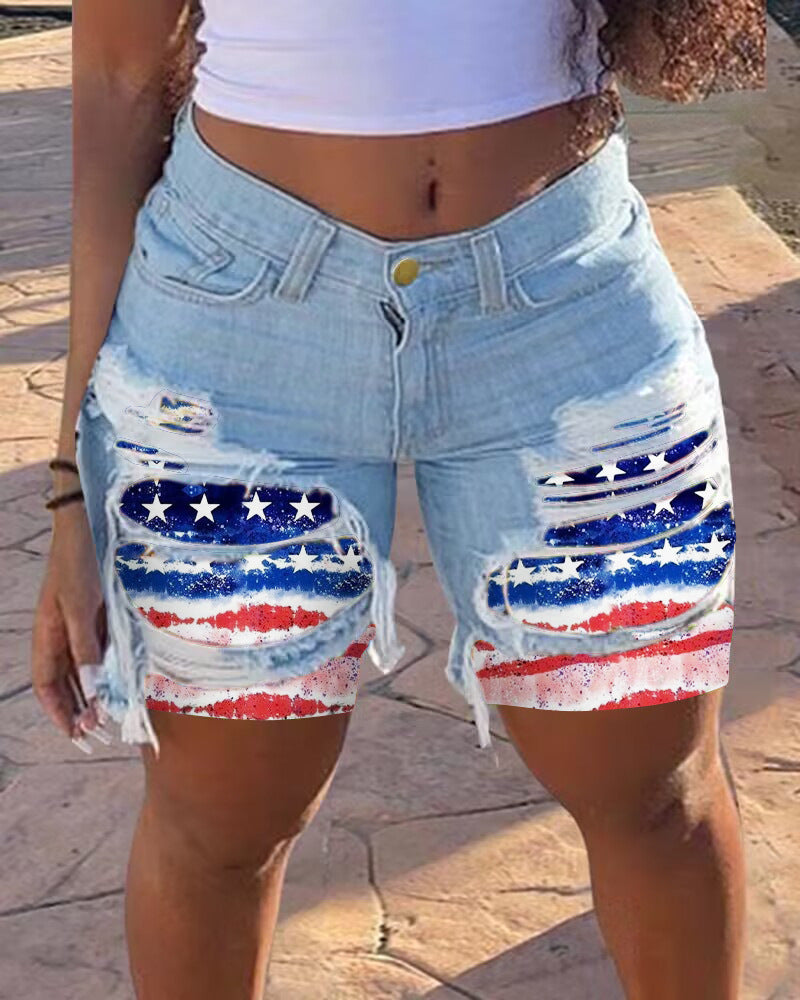 Spring Summer Patched Ripped Mid Women's Denim Shorts 8