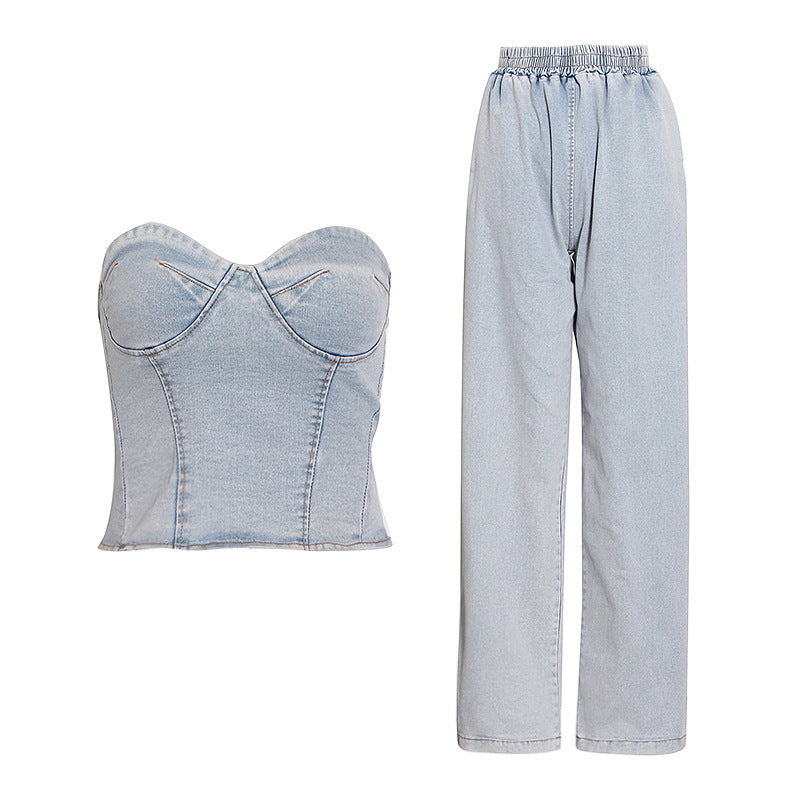 Summer Fashion Strapless Casual Stretch Denim Two-Piece Pants Set 22