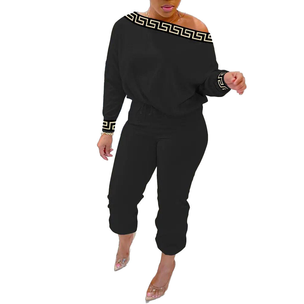 Sexy Contrast Patchwork Print Slash Shoulder Long Sleeve Two-Piece Pants Set 6