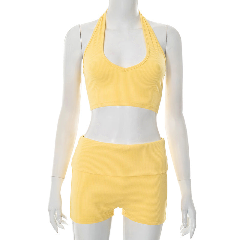 Women's Spring and Summer Ribbed Halter Neck Hollow Lace-up Vest Folded High Waist Short Set 8