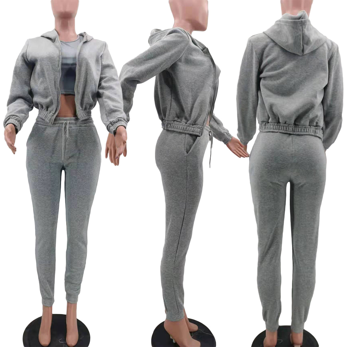 Winter Grey Thick Hooded Three Piece Pants Tracksuit
