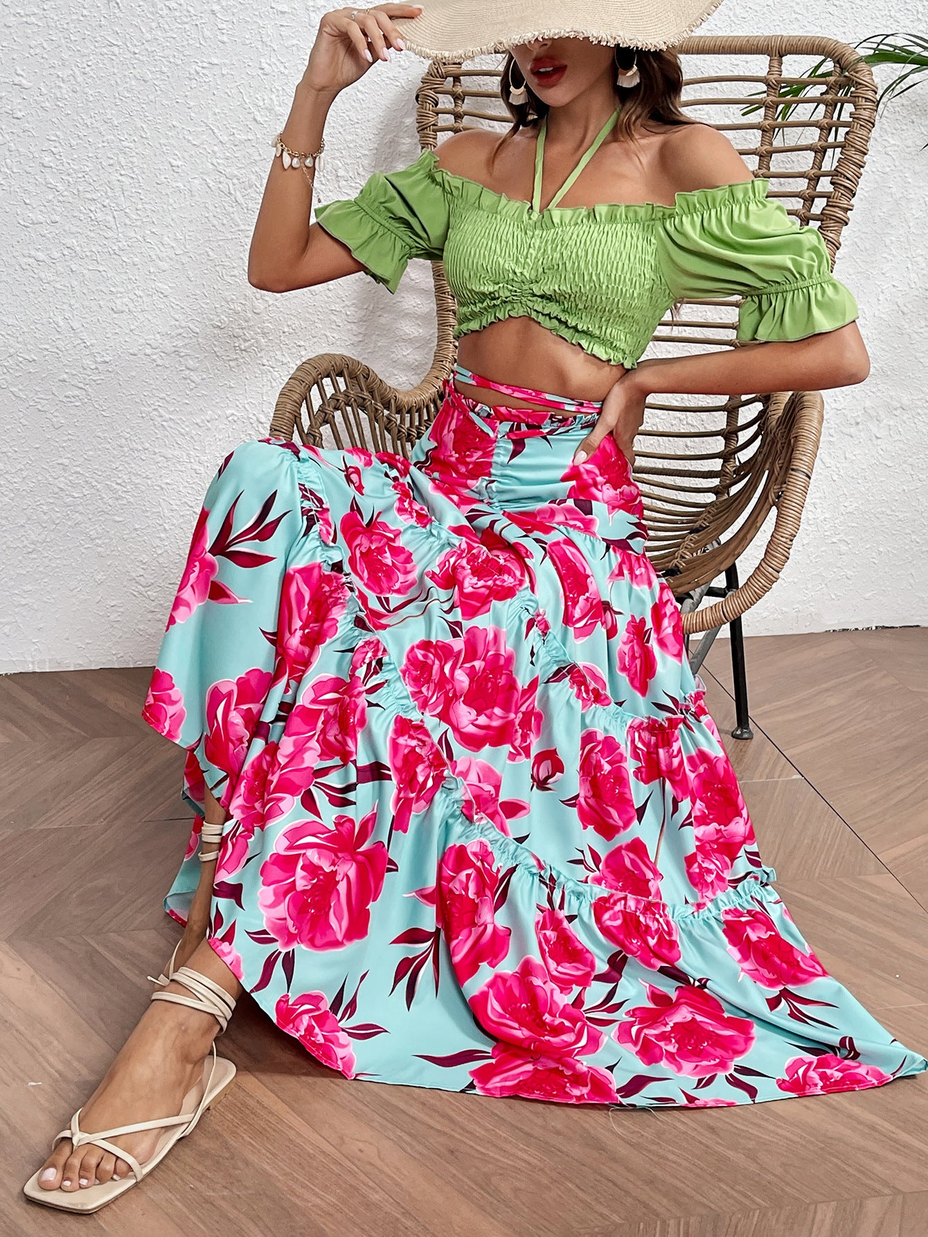 Holidays Long Skirt Set Off Shoulder Halter Neck Top Lace-Up High Waist Skirt Two Piece Set 3
