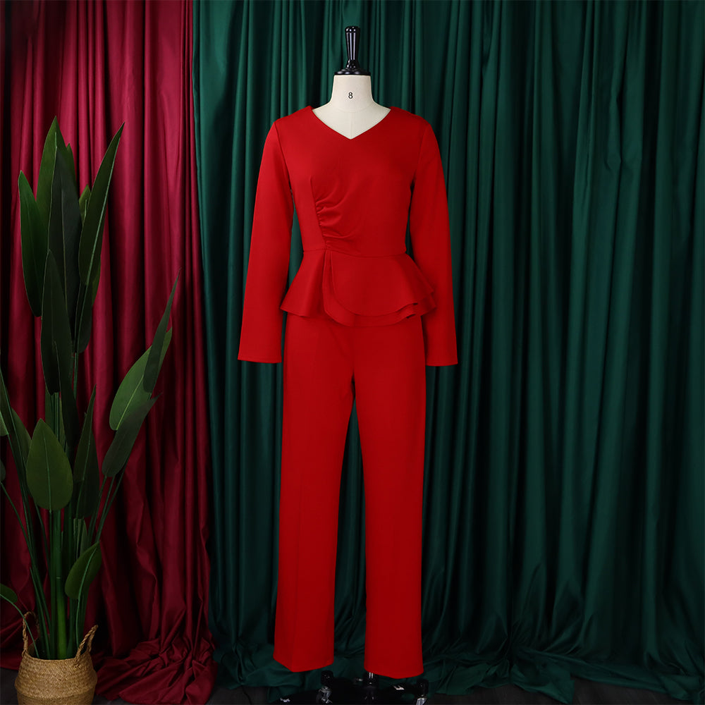 Autumn And Winter Fashion Ol Ruffled V-Neck Top And Pants Two-Piece Set 15