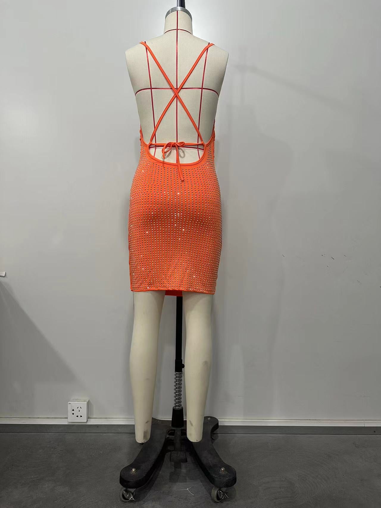 Women Solid Beaded Halter Neck Lace-Up Dress 7