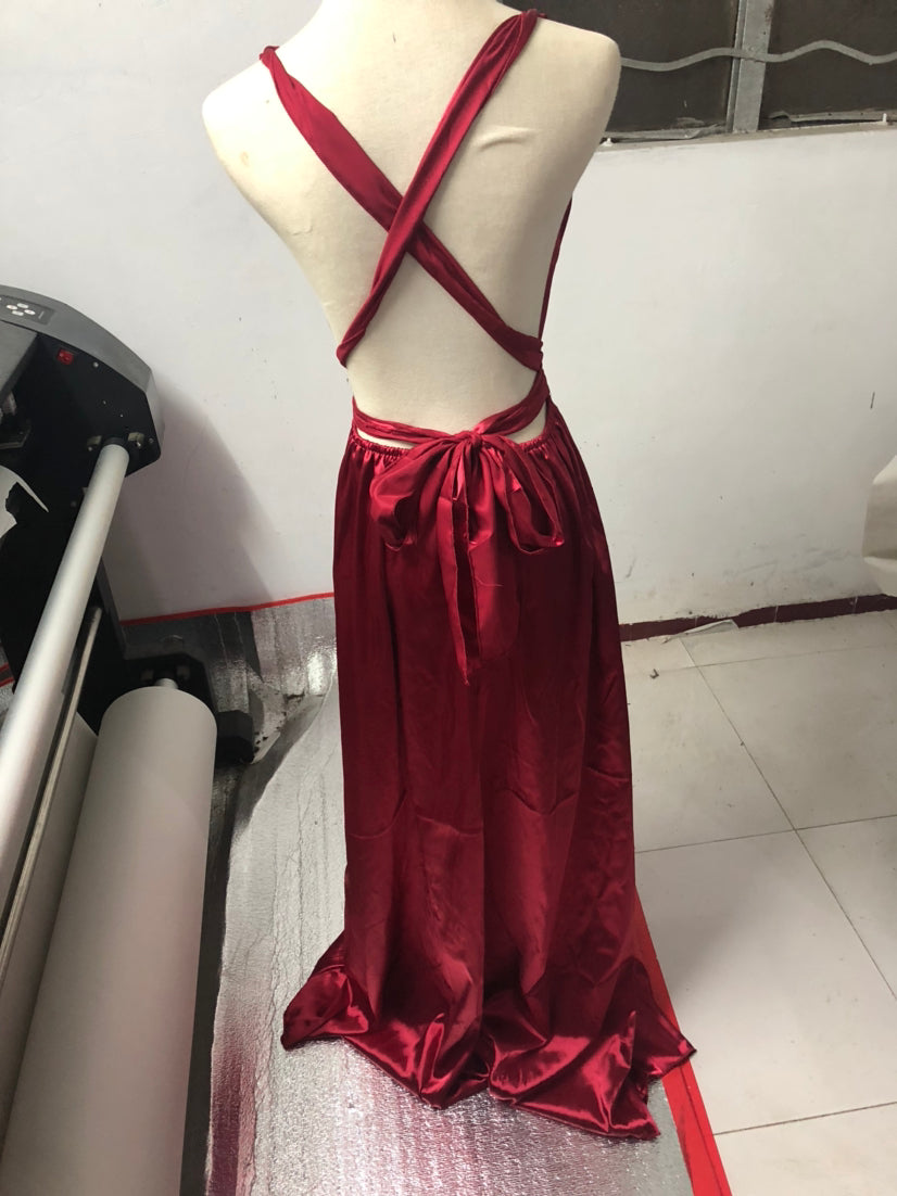 Deep V Neck Sleeveless Lace-Up Sexy Low Back High Waist Swing Satin Gown Women's Dress 14