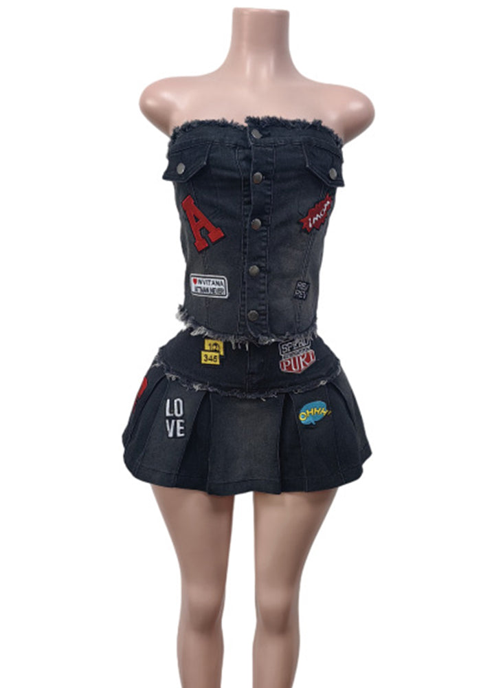 Women Stretchy Embroidered Strapless Top and Pleated Skirt Two-Piece Set