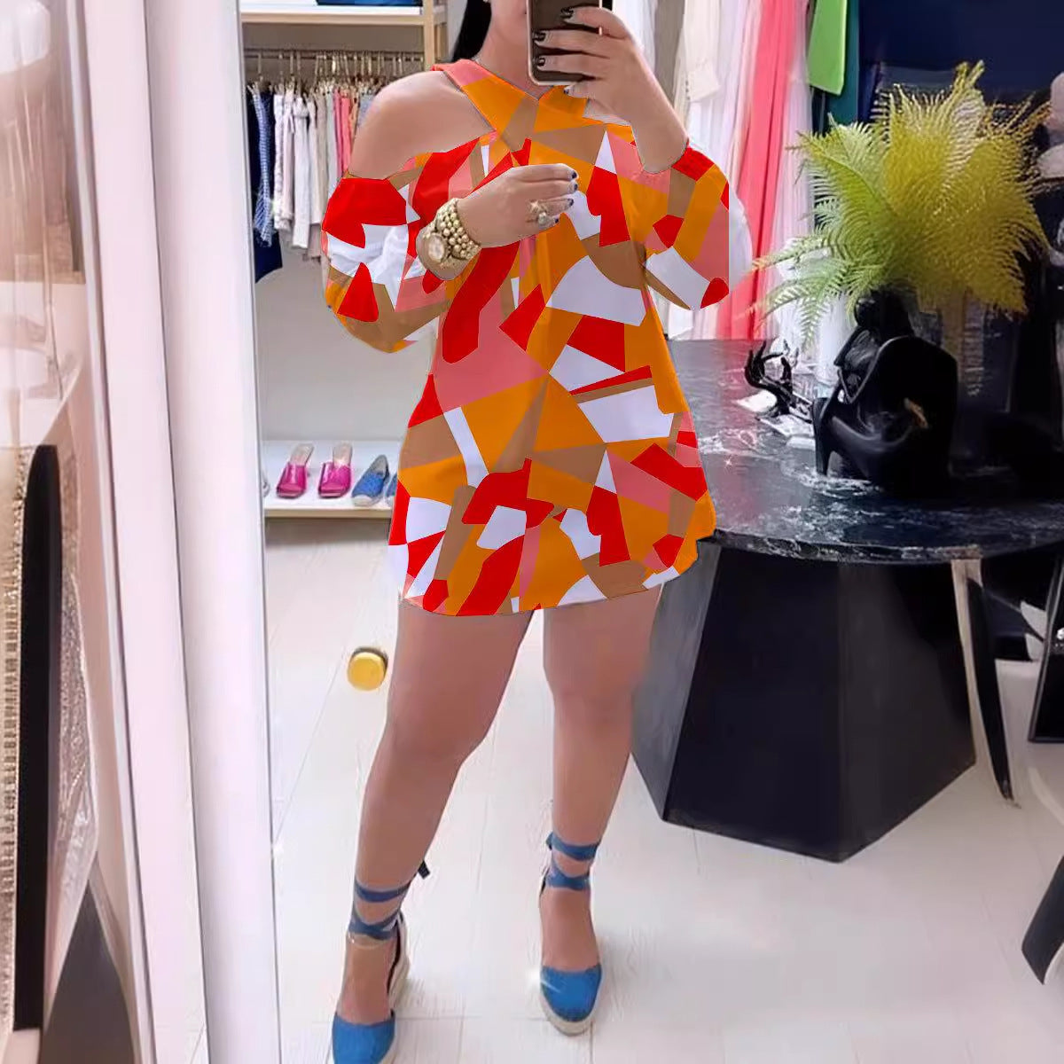 Printed Hollow Cross Neck Cutout Casual Dress 7